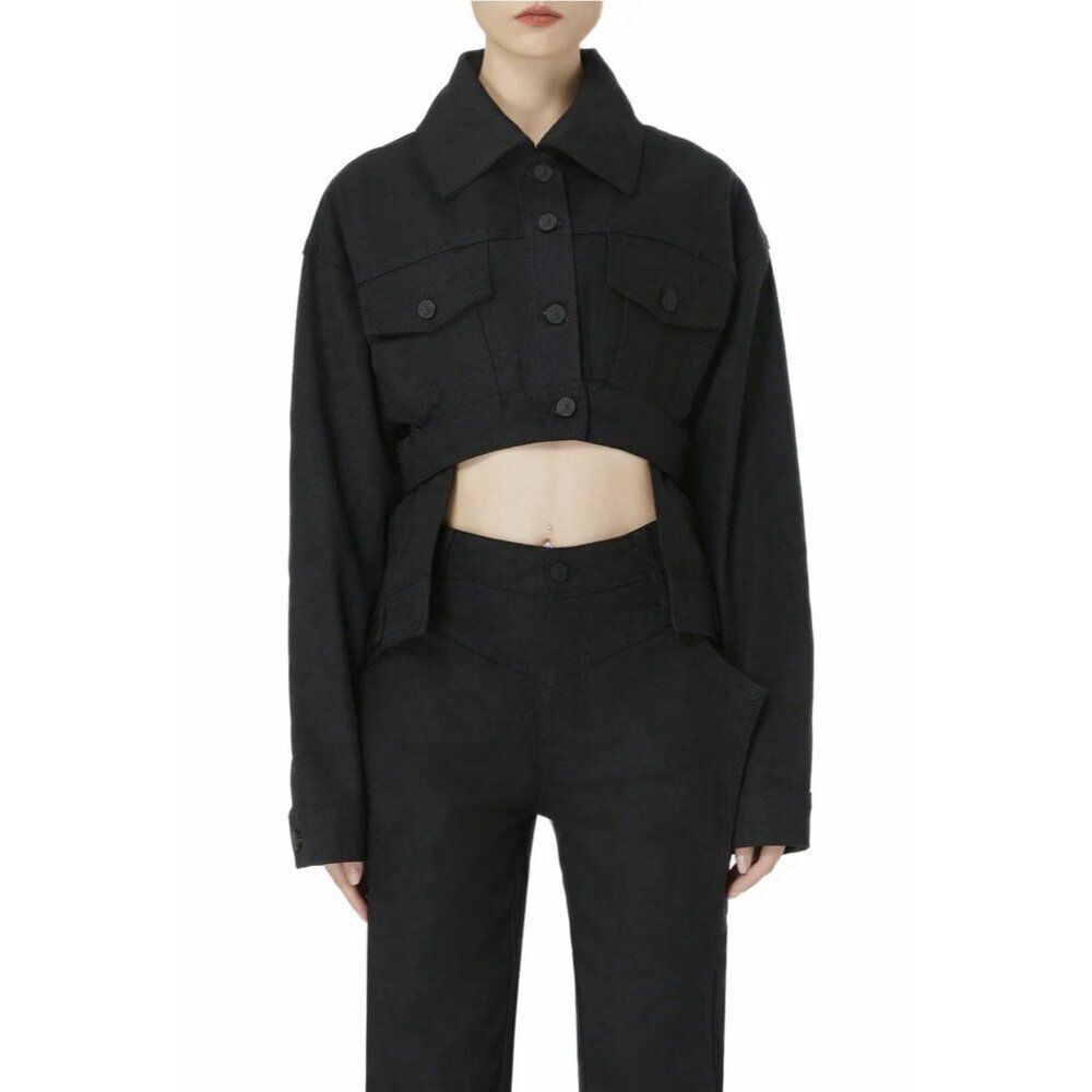 gao womens solid black jean denim long sleeve crop Hi Low jacket Small $600